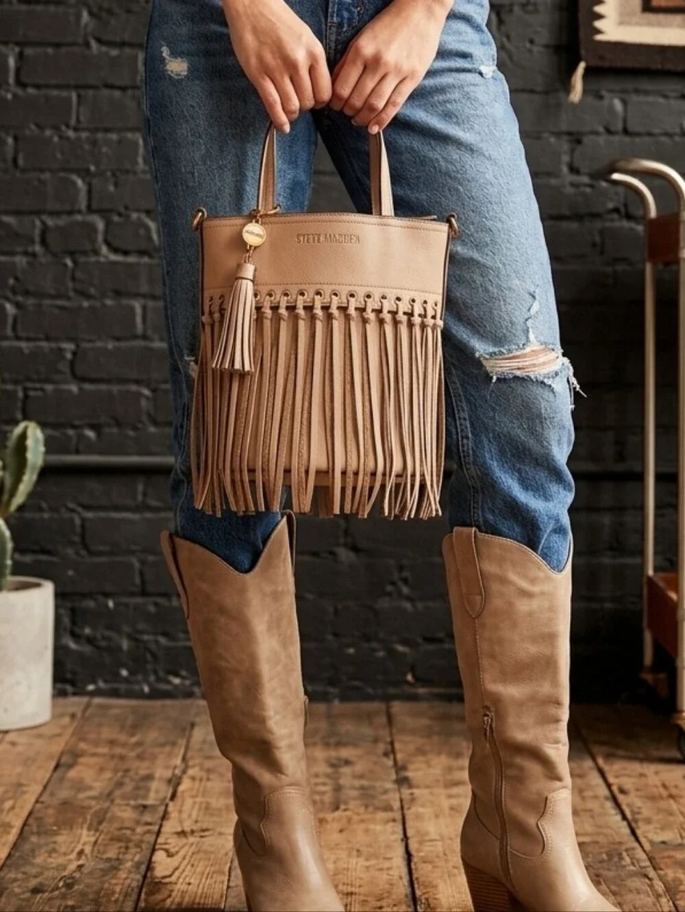 Steve Madden Latte Fringe Bucket Bag Crossbody NWT